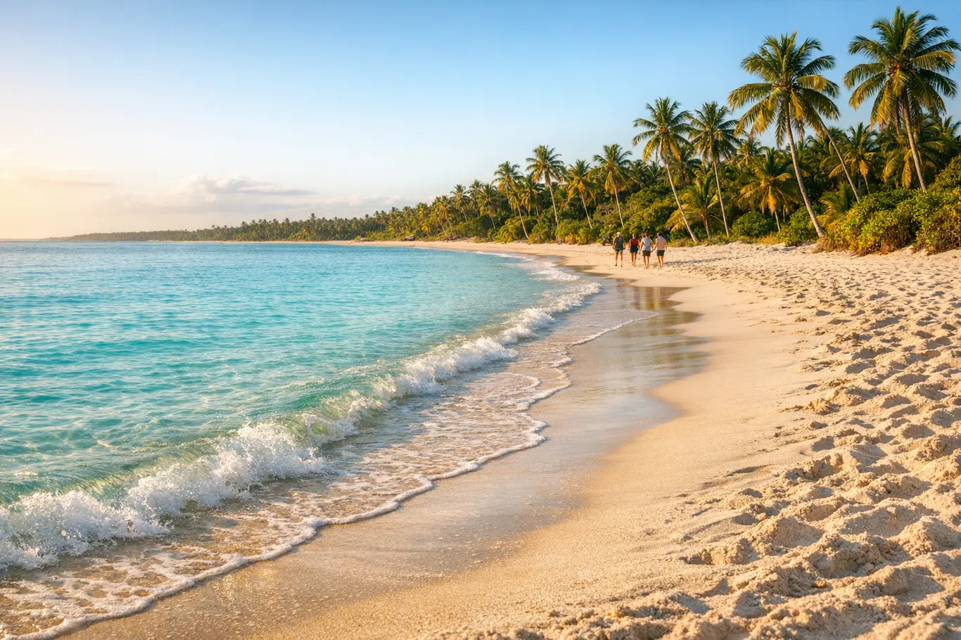 Turismo Barato: Destinos Econômicos Que Encantam na Bahia e Cabem no Seu Bolso Praia paradisíaca da Bahia com areia branca, mar azul-turquesa e turistas ao fundo