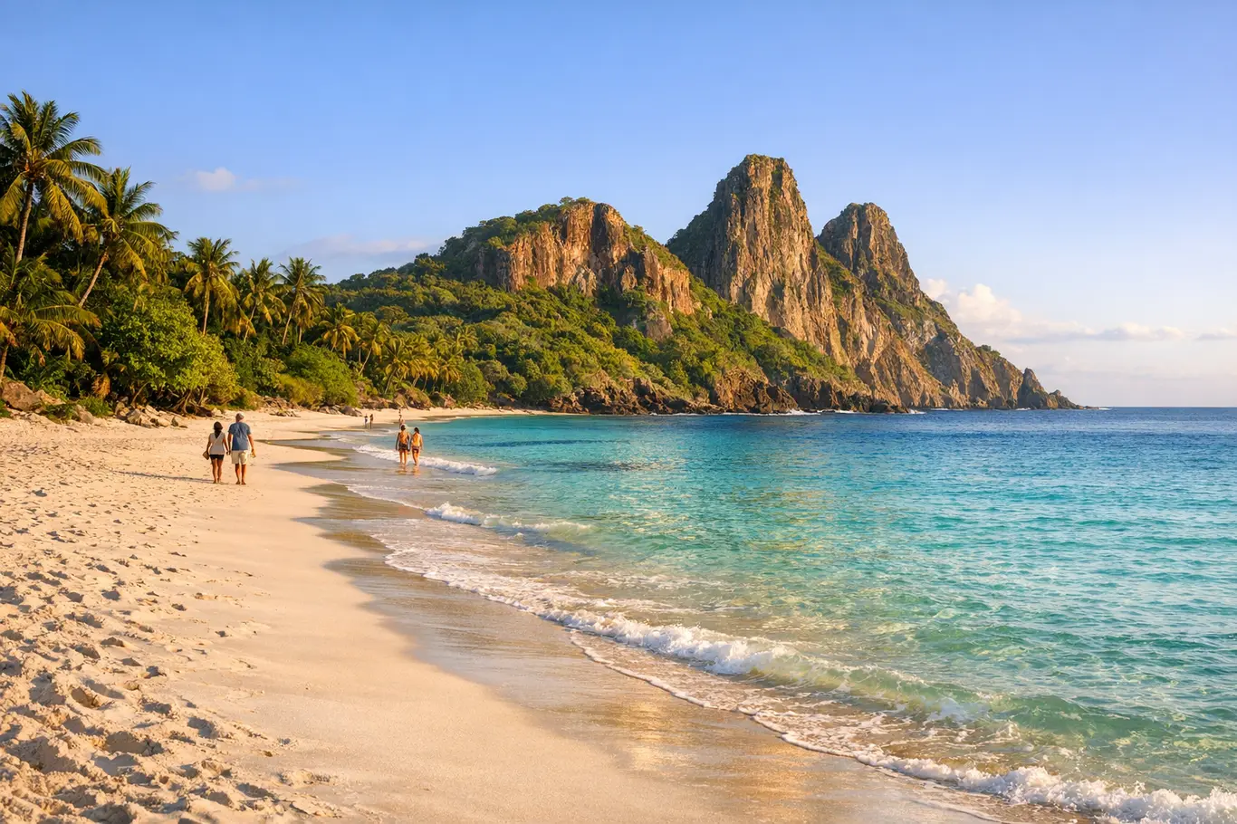 Destinos Naturais da Bahia Que Surpreendem: Praias, Cachoeiras e Trilhas Praia paradisíaca da Bahia com areia branca, águas azul esverdeado e formação rochosa ao fundo, turistas caminhando na orla e vegetação exuberante ao redor