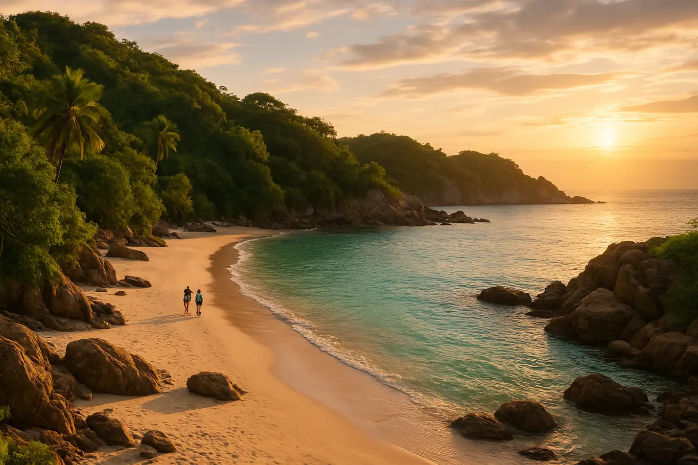 Tesouros Isolados: Conheça os Destinos Surpreendentes Que Poucos Conhecem na Bahia Paisagem panorâmica de praia quase deserta na Bahia com águas verdes e costões rochosos ao entardecer