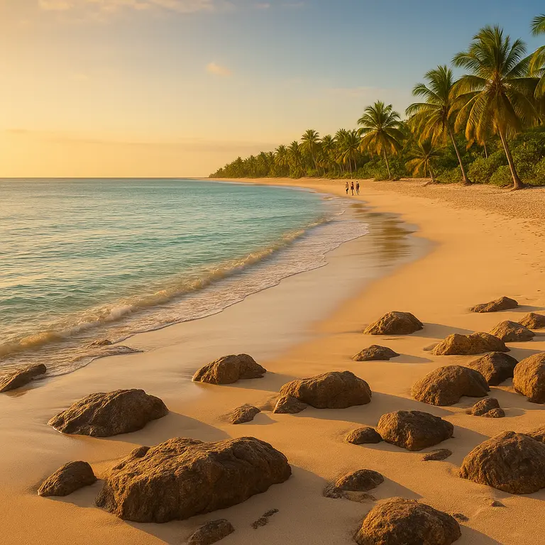 Praia paradisíaca da Bahia ao entardecer com areia clara e pedras na orla