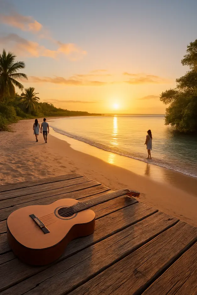 Praia paradisíaca quase deserta na Bahia ao entardecer com mar calmo, deck de madeira e violão apoiado