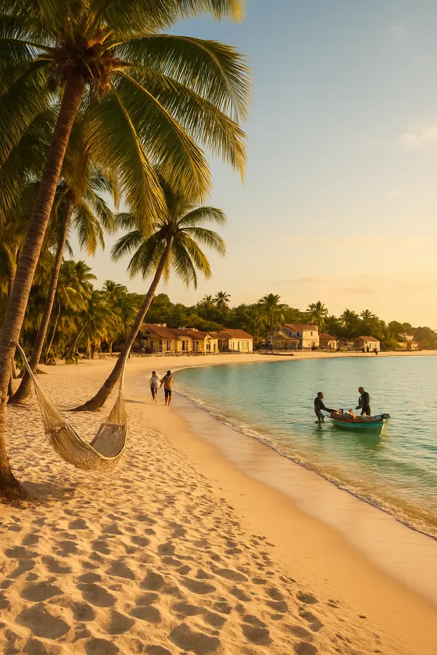 Praia paradisíaca na Bahia com areia branca mar cristalino coqueiros e vilarejo ao pôr do sol