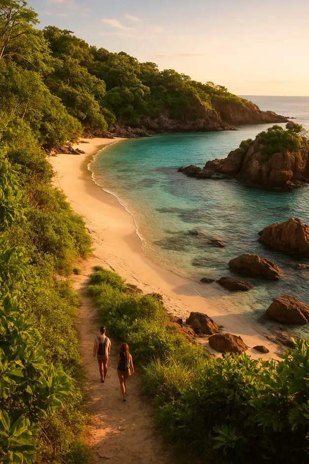 Praia paradisíaca na Bahia com enseada cercada por formações rochosas e piscinas naturais de água cristalina ao entardecer