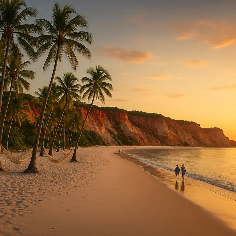 Praia paradisíaca na Bahia ao entardecer com areia branca, coqueiros com redes e falésias coloridas ao fundo