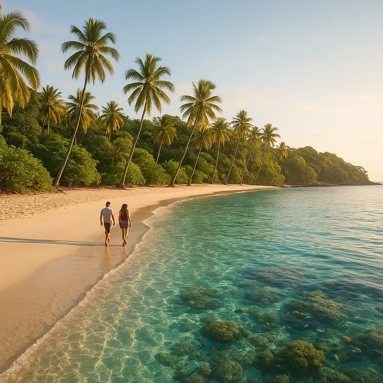 Praia paradisíaca com areia branca fina, mar cristalino e coqueiros altos à beira da água com dois turistas caminhando