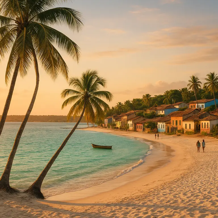 Praia paradisíaca no litoral sul da Bahia com mar cristalino, coqueiros inclinados e vilarejo rústico ao entardecer