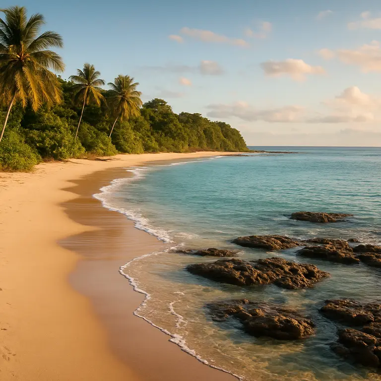 Praia paradisíaca do sul da Bahia com areia clara, vegetação da mata atlântica, costões rochosos e ondas suaves ao entardecer