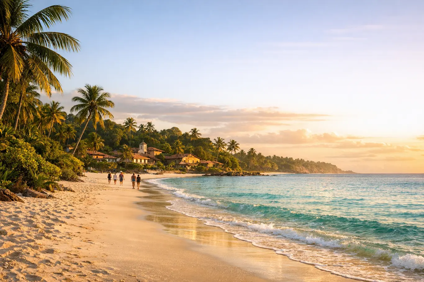 Lugares Secretos da Bahia: Praias, Vilarejos e Cachoeiras Para Viajar Devagar Praia secreta da Bahia ao entardecer com areia branca, coqueiros e vilarejo colonial ao fundo