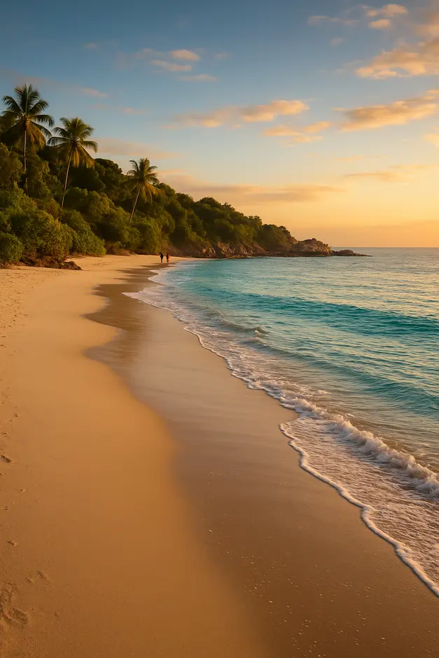 Praia paradisíaca no sul da Bahia com areia clara e mar azul intenso ao final da tarde