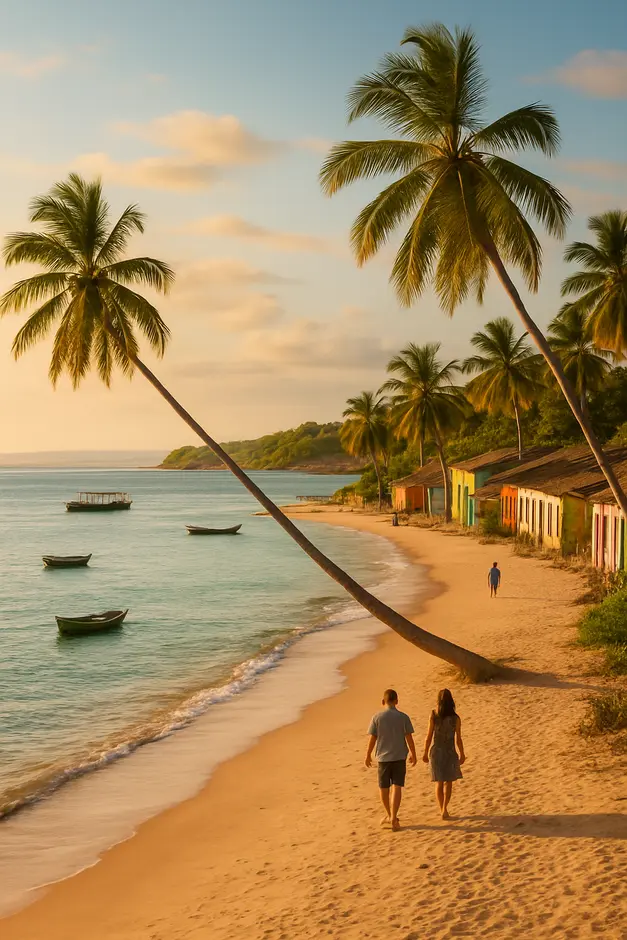 Praia paradisíaca no litoral sul da Bahia com coqueiros inclinados, mar azul e verde, vilarejo rústico e balsa ao fundo ao fim da tarde