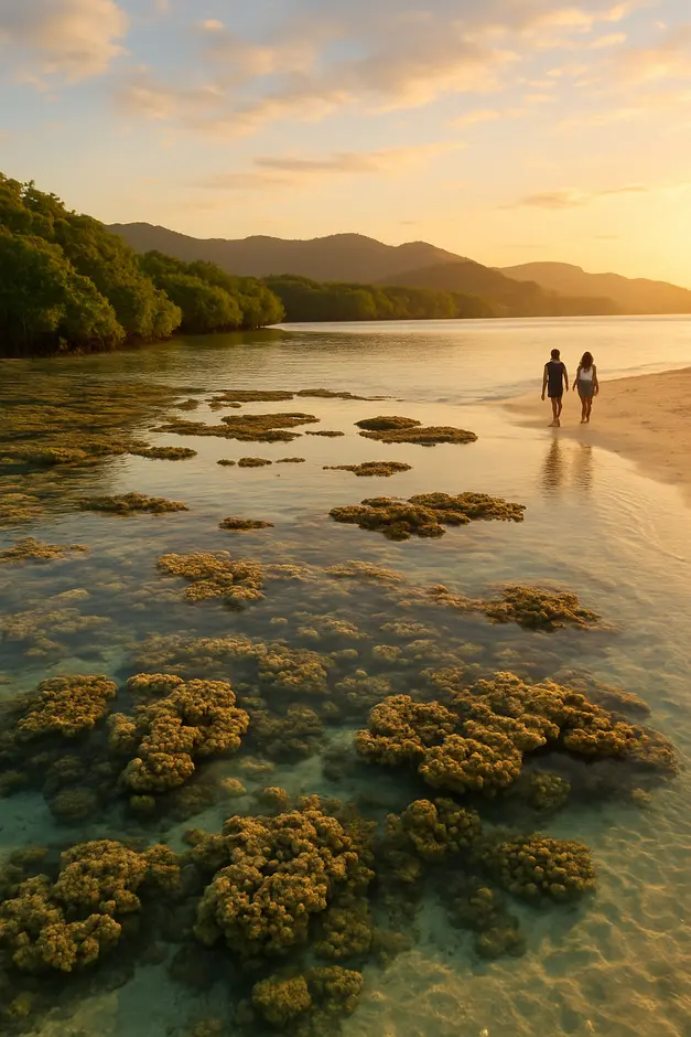 Praia paradisíaca na Bahia ao entardecer com piscinas naturais, recifes de coral, manguezais e serras ao fundo