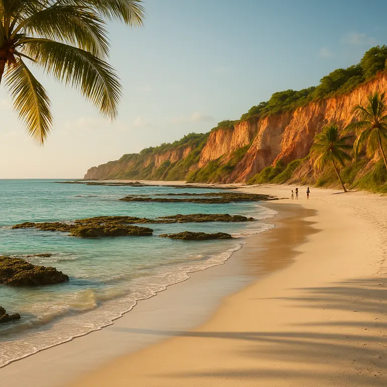 Praia pouco conhecida no litoral da Bahia com piscinas naturais formadas por recifes, areia branca e falésias coloridas ao fundo ao fim da tarde