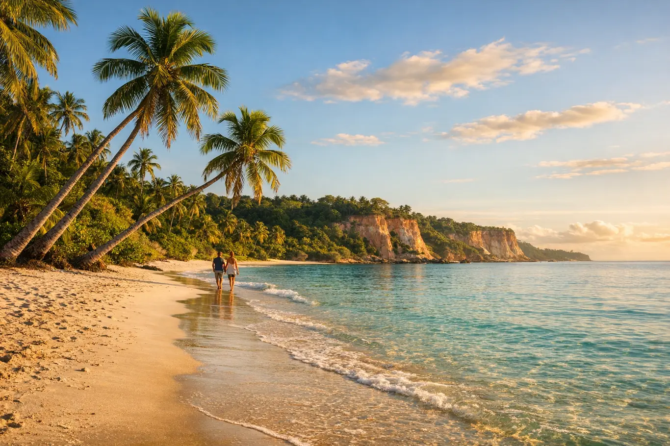 Viagem a Dois: 4 Destinos Românticos Pouco Conhecidos na Bahia para Fugir do Óbvio Casal de turistas de mãos dadas caminhando em praia paradisíaca com areia branca, coqueiros inclinados e mar cristalino ao entardecer na Bahia