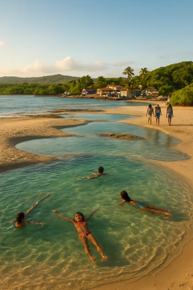 Praia paradisíaca com bancos de areia emergindo na maré baixa e crianças flutuando em piscinas naturais no litoral da Bahia