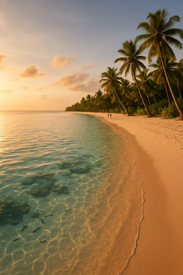 Praia paradisíaca da Bahia com coqueiros, areia fina e águas cristalinas ao entardecer