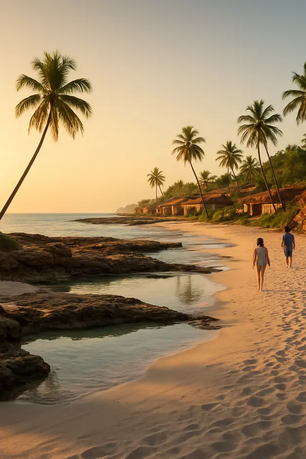 Praia tranquila na Bahia ao entardecer com areia branca, pequenas piscinas naturais entre falésias, mar calmo azul esverdeado e coqueiros inclinados ao vento