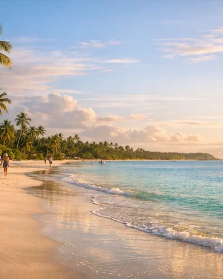 7 Cidades Tranquilas da Bahia Para Quem Quer Desacelerar e Curtir Praias Praia paradisíaca na Bahia com areia branca, águas cristalinas e coqueiros ao entardecer