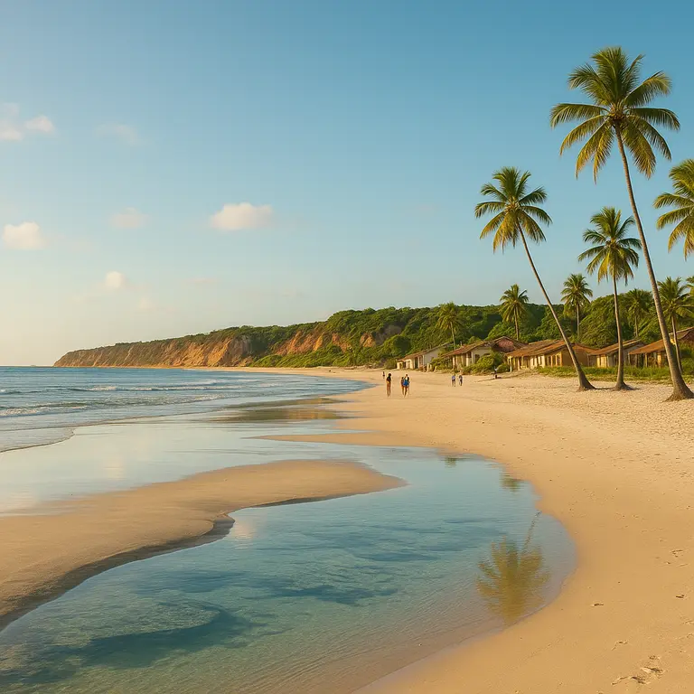 Praia tranquila na Bahia com mar calmo e poucas pessoas ao entardecer