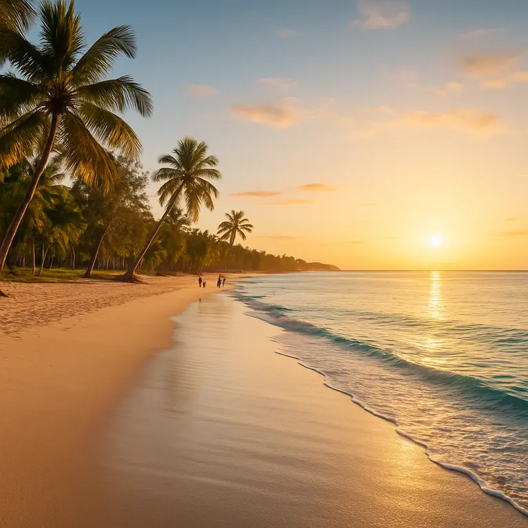 Praia deserta com areia branca e mar azul ao entardecer