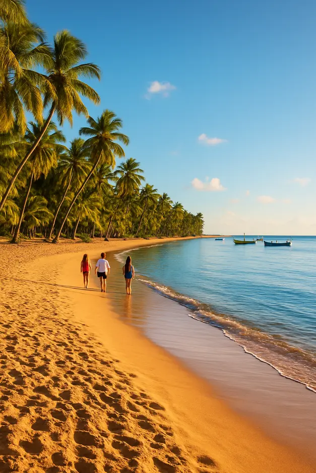 Paisagem natural da praia Costa dos Encantos na Bahia com faixa de areia dourada, coqueirais e mar azul sob luz do fim de tarde