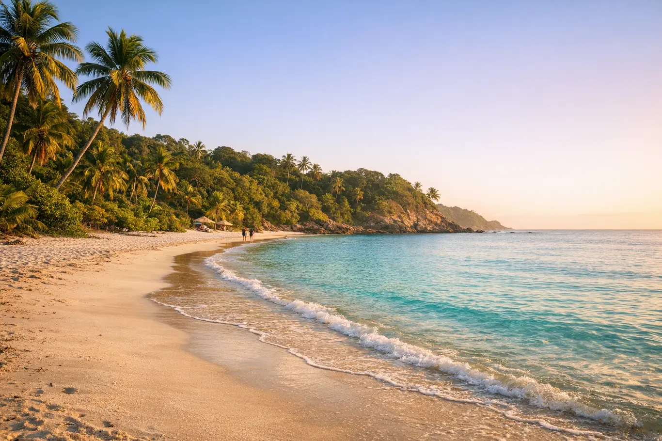 Praias Mais Bonitas da Bahia Que Poucos Conhecem e Valem a Visita Praia paradisíaca pouco conhecida na Bahia ao entardecer com areia branca, água azul-turquesa e coqueiros