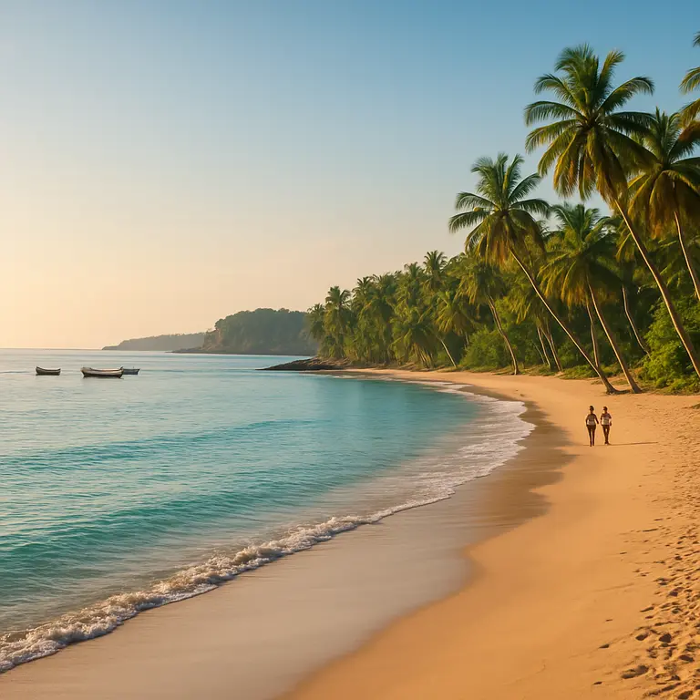 Vista panorâmica da Costa dos Encantos na Bahia ao amanhecer com praias de areia dourada, coqueiros e pequenas embarcações no mar