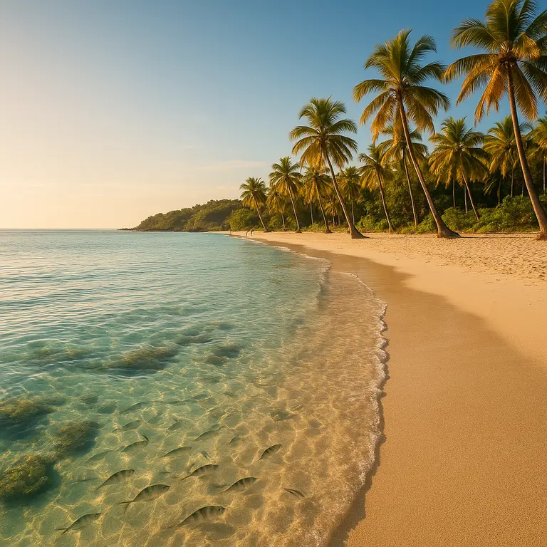 Praia com águas cristalinas e vilarejo ao fundo na Bahia