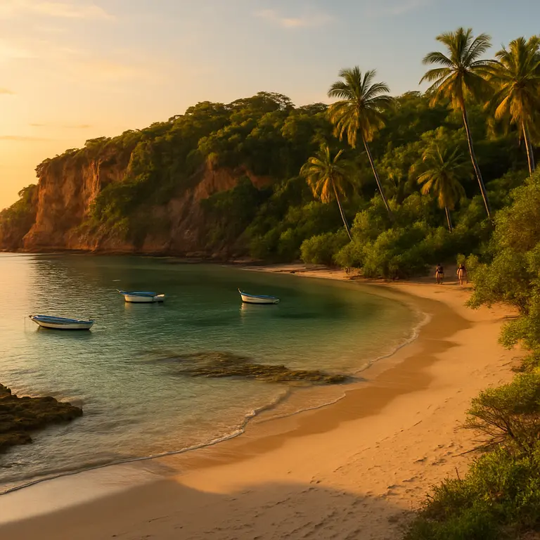 Enseada de praia escondida no sul da Bahia com falésias, coqueiros e água cristalina ao entardecer