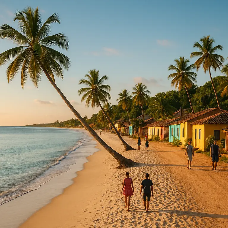 Vista panorâmica da praia paradisíaca com águas cristalinas e coqueiros no litoral da Bahia