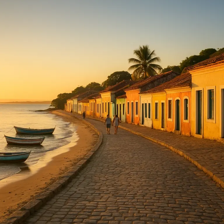 Praia com areia branca e mar calmo na Bahia em dia ensolarado