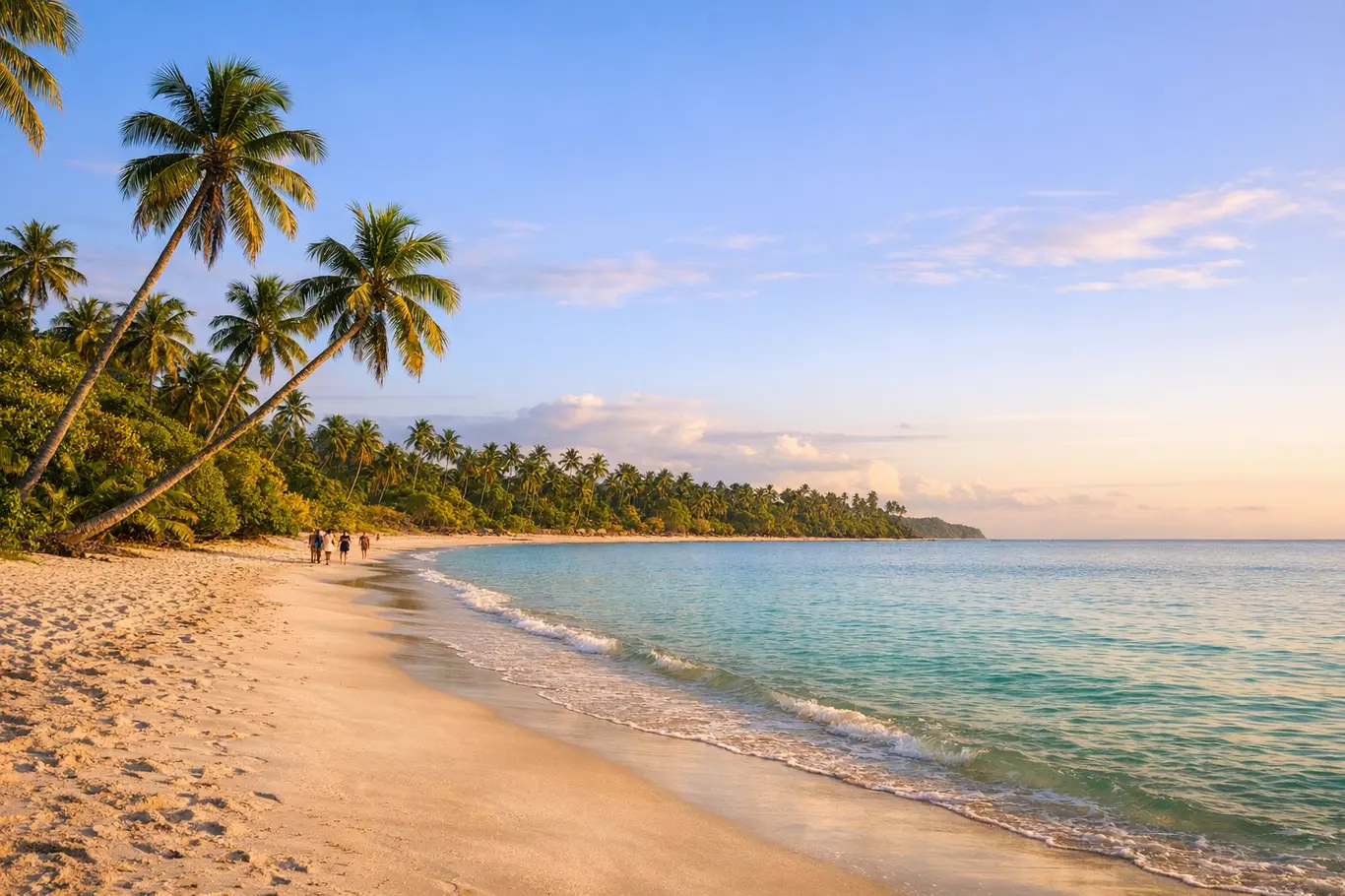 7 Praias Tranquilas na Bahia Para Quem Quer Desacelerar e Fotografar Praia tranquila na Bahia ao entardecer com areia branca e coqueiros altos inclinados sobre água cristalina