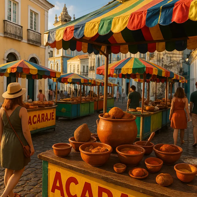 Barracas tradicionais de acarajé no Pelourinho Salvador com turistas e utensílios de barro ao entardecer