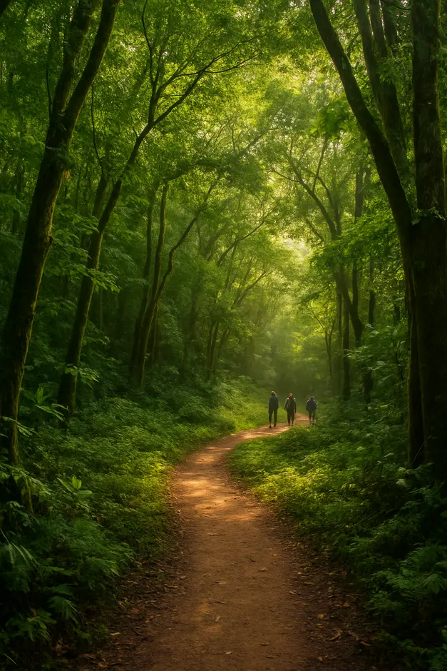 Trilha de terra cercada por mata atlântica densa com árvores altas e folhas verdes vibrantes em uma reserva natural na Bahia