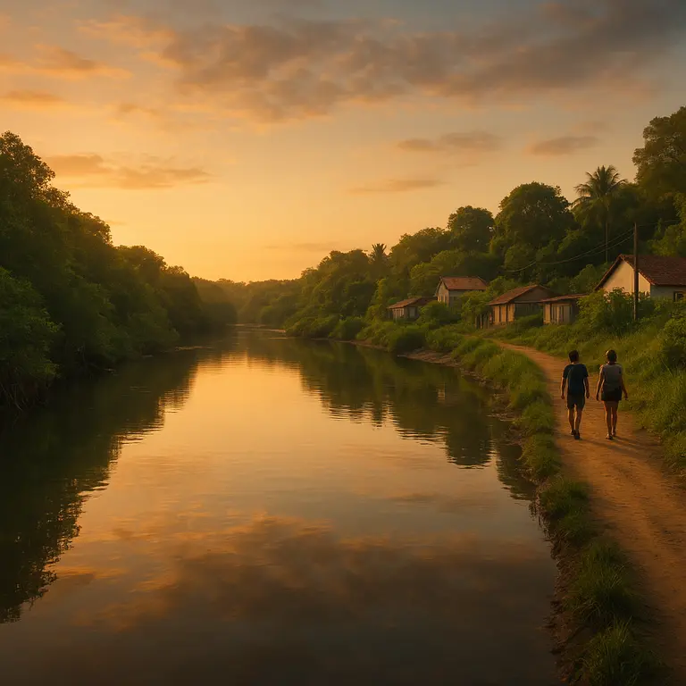Rio tranquilo em comunidade ribeirinha da Bahia ao entardecer com vegetação densa e casas simples ao fundo