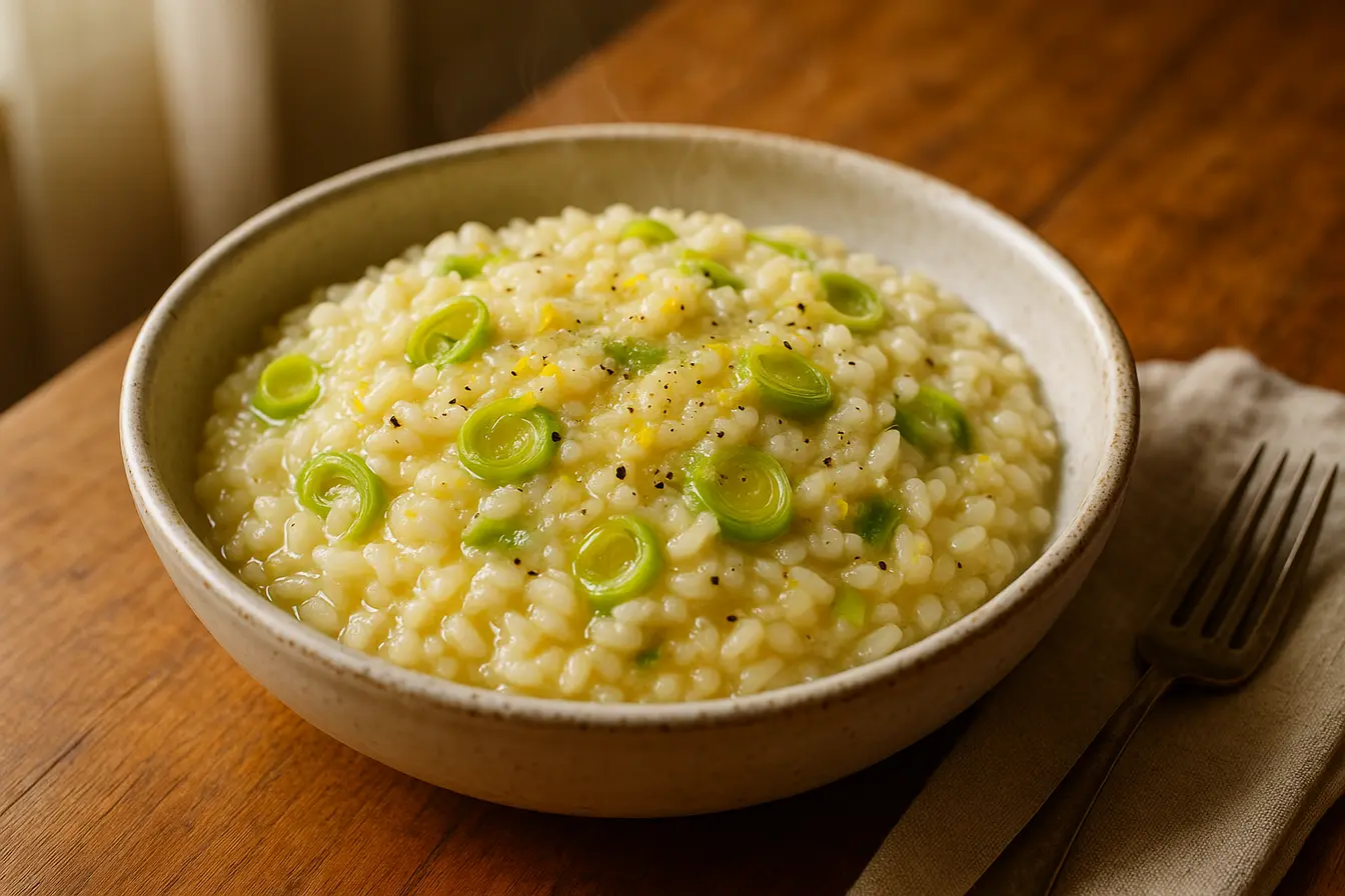 Risoto de Alho-Poró com Limão Siciliano cremoso e fácil Risoto de Alho-Poró com Limão Siciliano cremoso e fácil