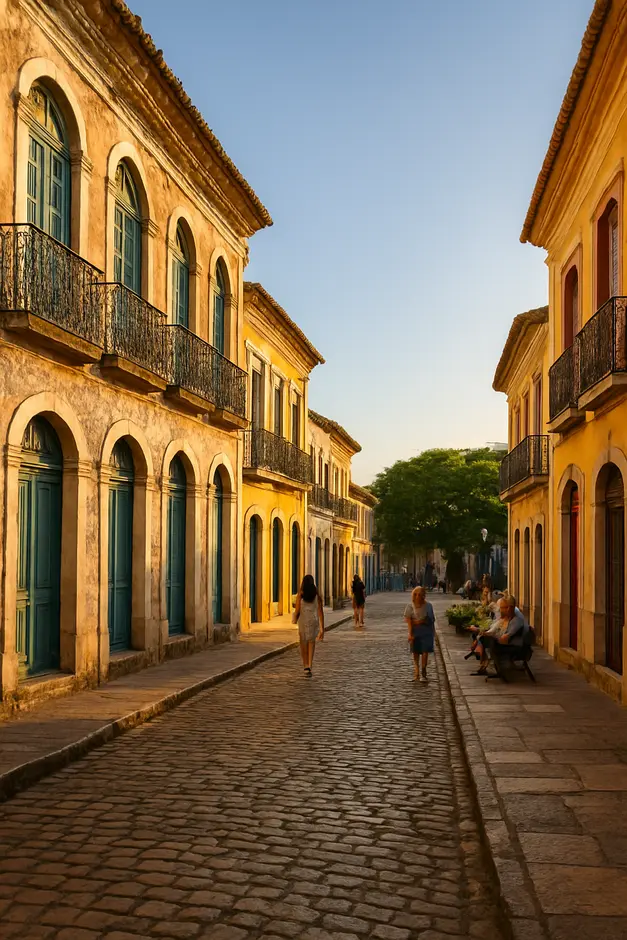 Rua histórica no Recôncavo Baiano com casarões coloniais coloridos ao entardecer e idosos conversando na praça