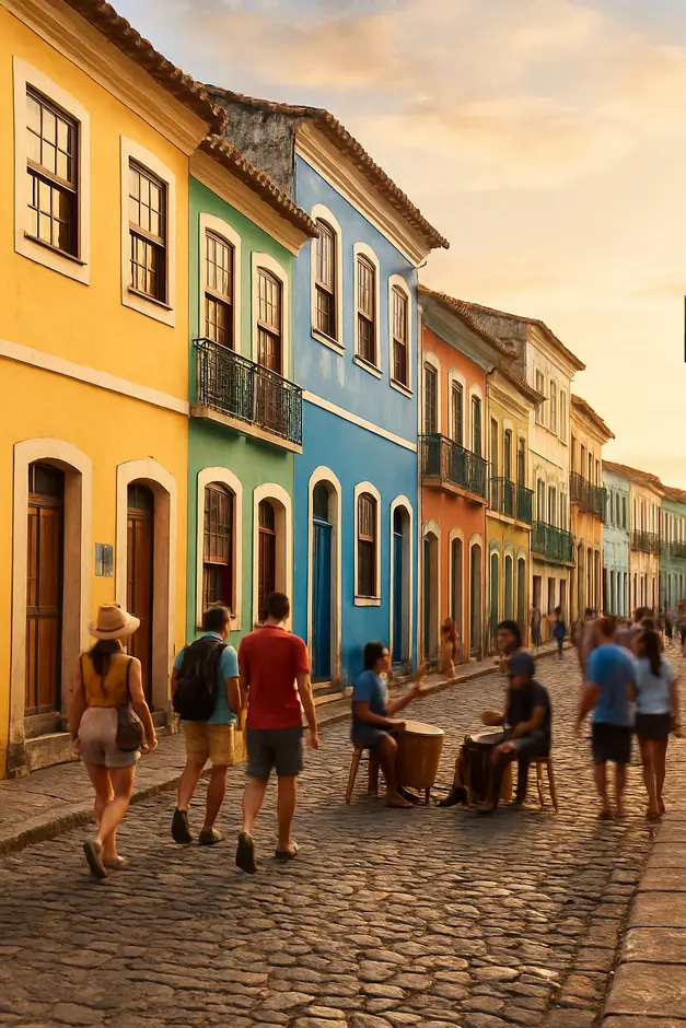Rua histórica colorida na Bahia com samba de roda e turistas ao entardecer