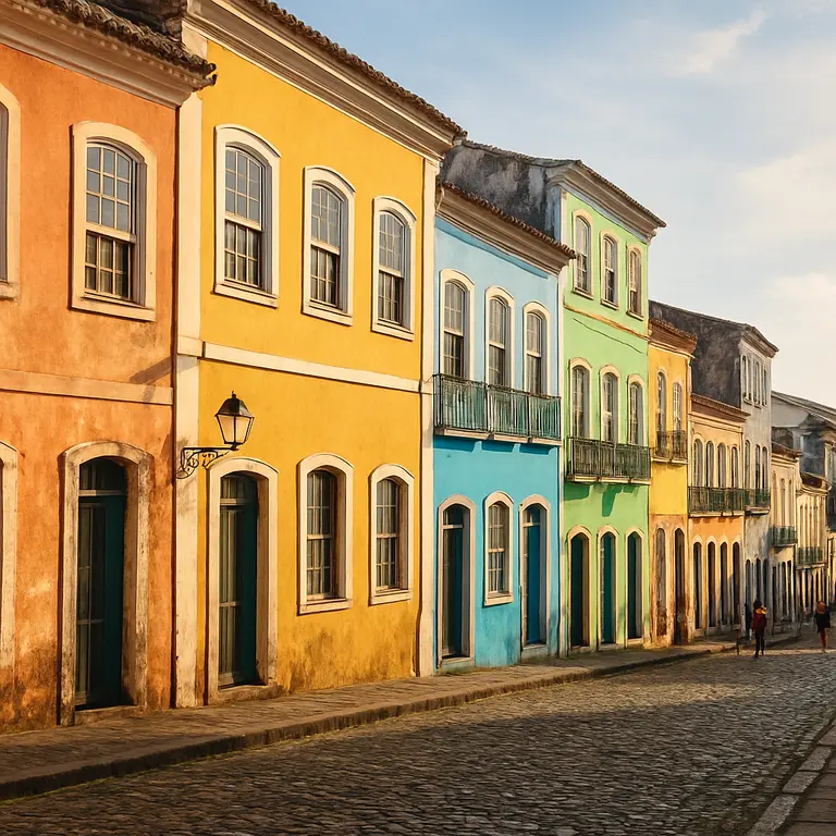 Rua histórica do Pelourinho em Salvador com fachadas coloniais coloridas restauradas e turistas ao fundo