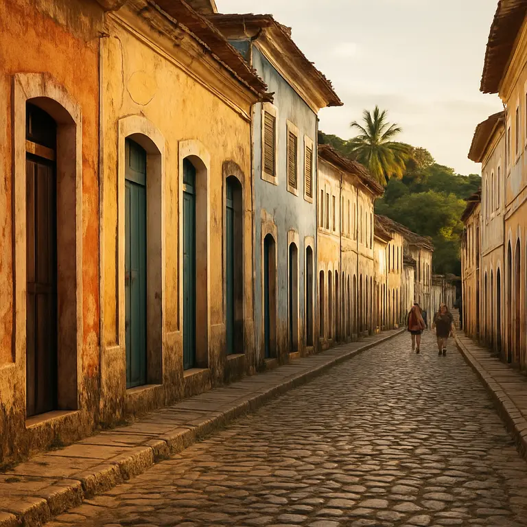 Rua histórica no Recôncavo Baiano com fachadas coloniais coloridas e calçamento de pedra ao entardecer