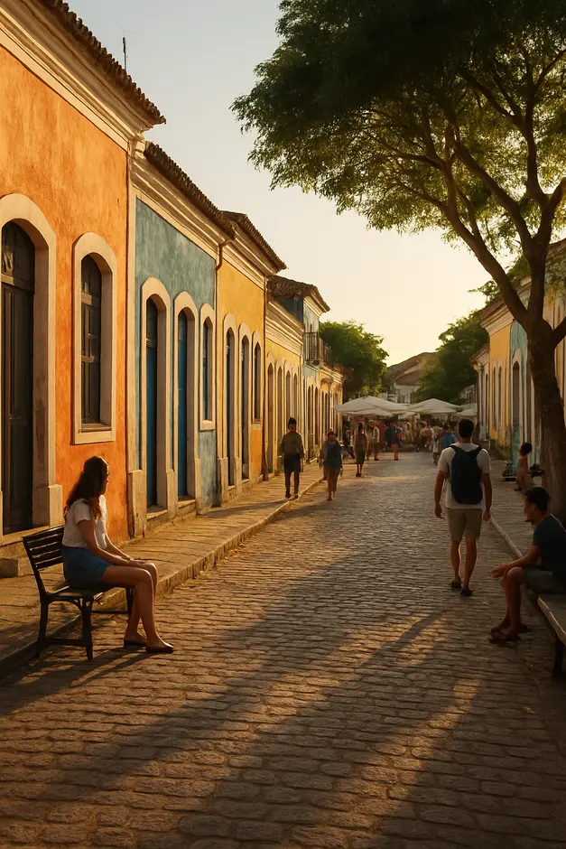 Rua principal tranquila de cidade histórica da Bahia com casas coloniais coloridas ao entardecer
