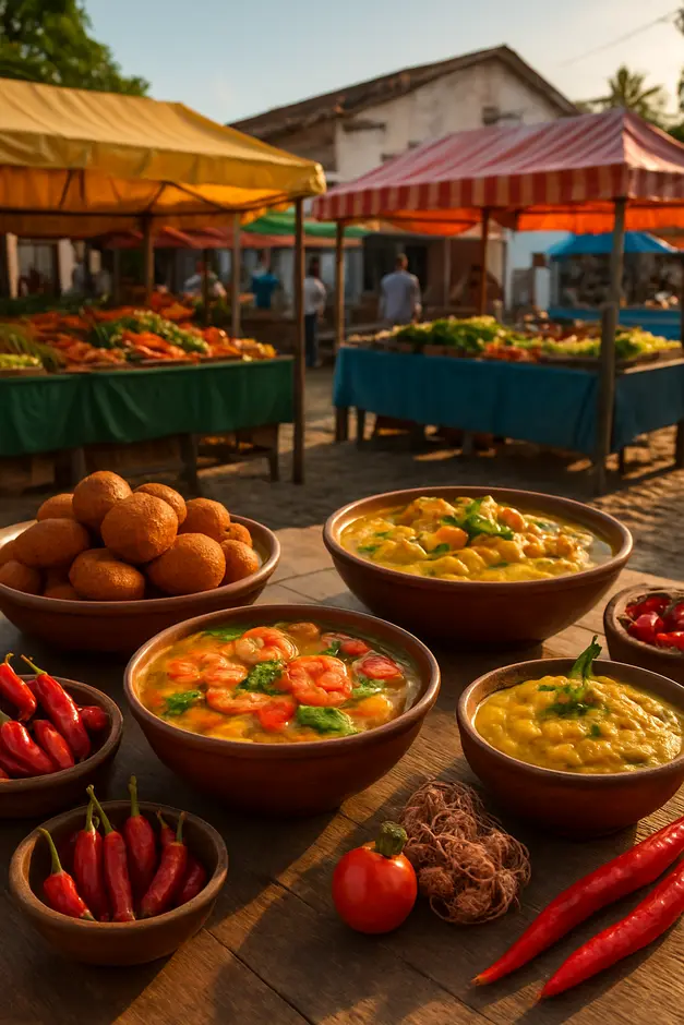 Barracas coloridas em feira tradicional baiana com pratos típicos como acarajé, moqueca e vatapá exibidos com camarão, dendê e pimenta caseira