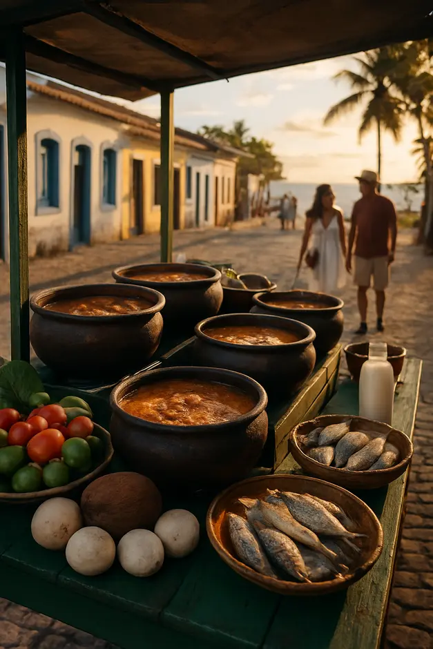Rua típica da Bahia com barraca de comida tradicional mostrando panelas com dendê, leite de coco e peixe