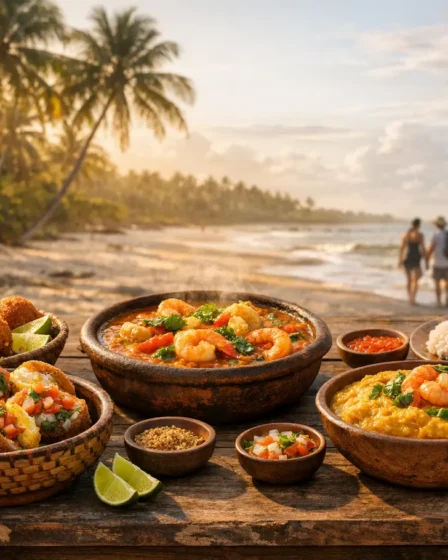 Sabores Típicos da Bahia: Onde Provar Pratos Que Contam Histórias Mesa rustica ao ar livre com pratos tradicionais baianos como acaraje moqueca vatapa e cocada com coqueiros ao fundo em paisagem tropical