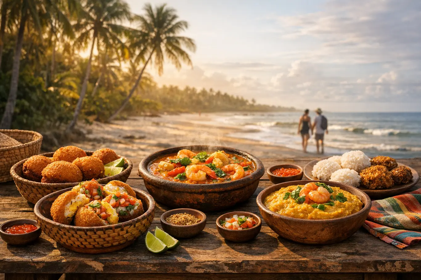 Sabores Típicos da Bahia: Onde Provar Pratos Que Contam Histórias Mesa rustica ao ar livre com pratos tradicionais baianos como acaraje moqueca vatapa e cocada com coqueiros ao fundo em paisagem tropical
