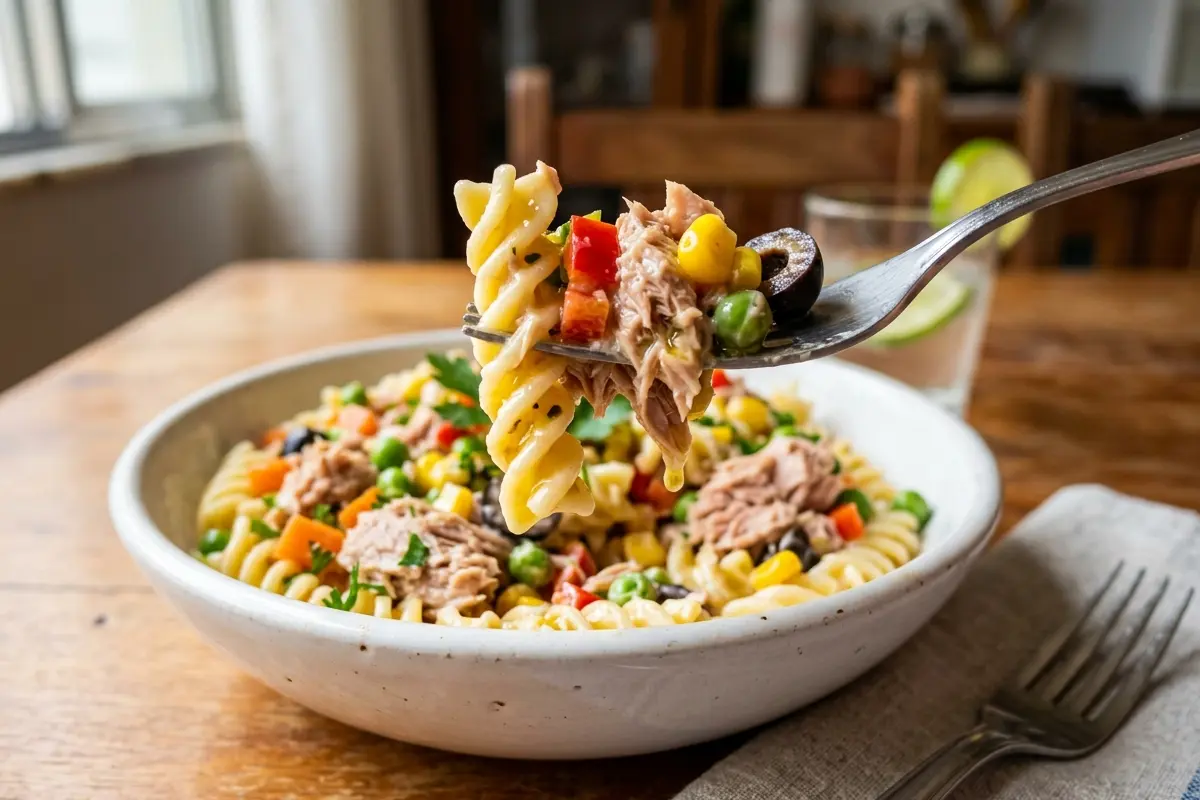 Salada de macarrão com atum (parafuso): o segredo para ficar solta é milho e ervilha Salada de macarrão com atum (parafuso): o segredo para ficar solta é milho e ervilha