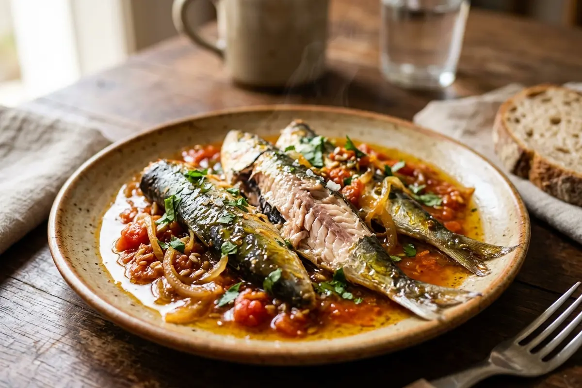 Sardinha na pressão com tomate: rodelas grossas de cebola evitam que desmanche Sardinha na pressão com tomate: rodelas grossas de cebola evitam que desmanche