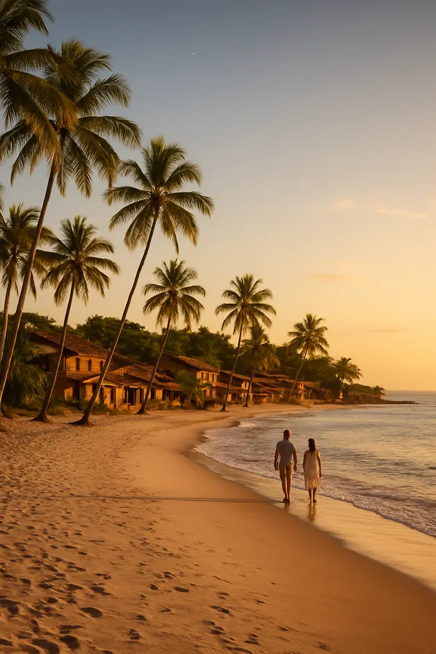 Vista ampla da Segunda Praia em Morro de São Paulo com areia branca coqueiros e pequenos turistas caminhando