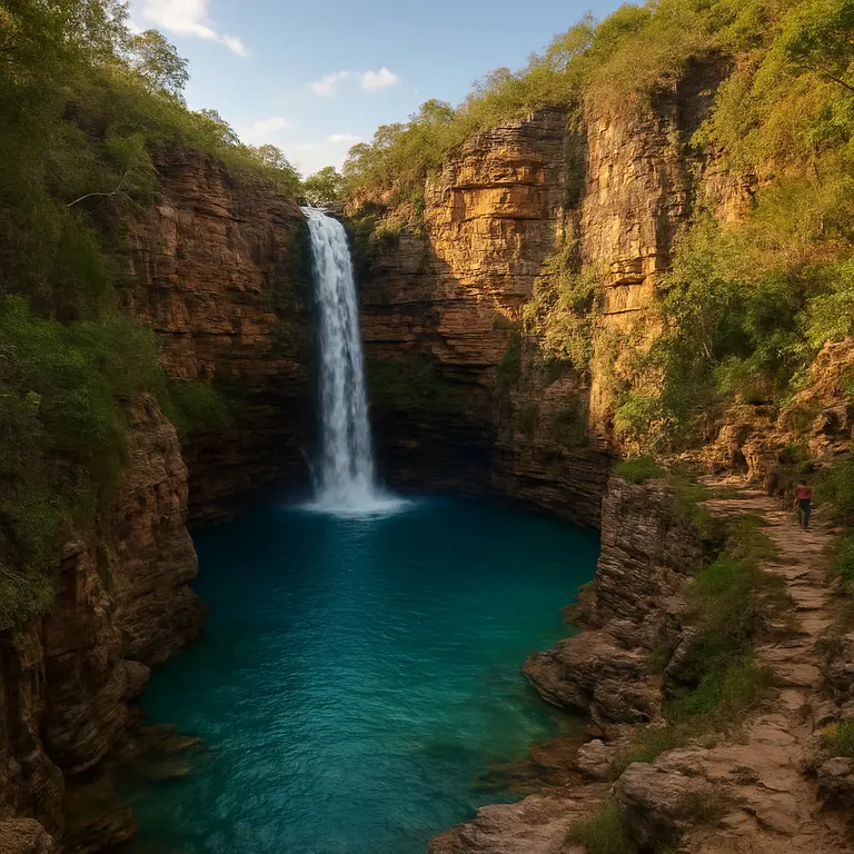 Pessoa caminhando por trilha cercada por vegetação em área natural da Bahia