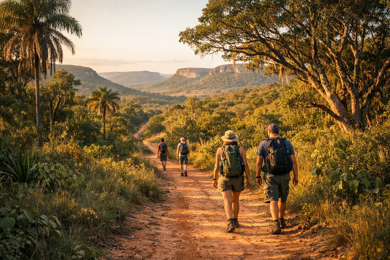 Aventura Real: Guia Completo de Trilhas Incríveis Pouco Exploradas na Bahia Turistas caminhando por trilha de terra em vegetacao nativa na Bahia ao fim de tarde