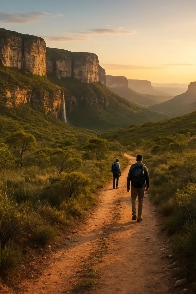 Trilha na Chapada Diamantina com caminho de terra entre campos rupestres e paredões de quartzito ao amanhecer com cachoeira ao fundo